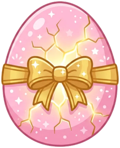 A pink egg tied with a gold bow, about to hatch.