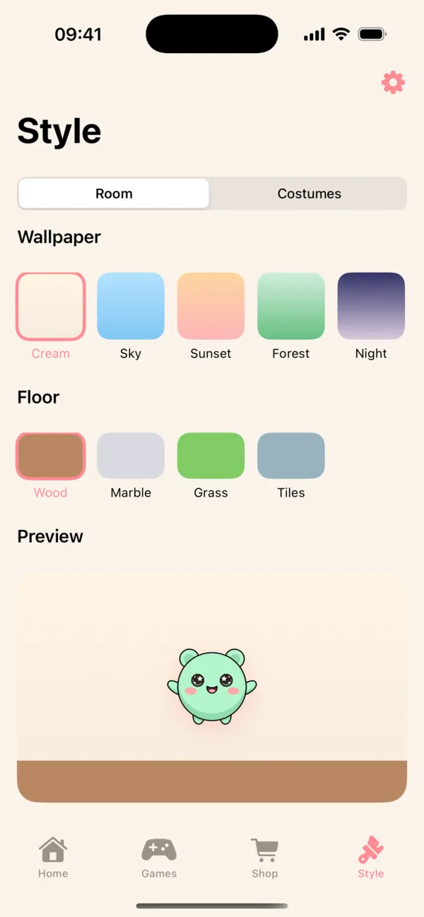 Style screen: wallpaper and floor pickers above a preview of the pet in its room.