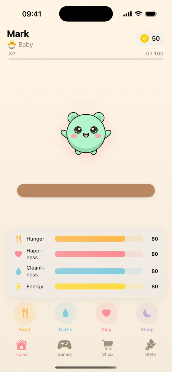 Tamolife Home screen: a baby pet called Mark, four need bars at 80 and the Feed, Bathe, Play and Sleep buttons.