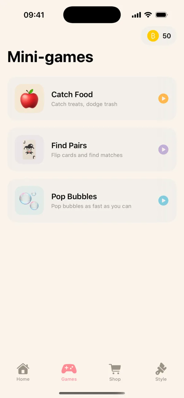Mini-games screen listing Catch Food, Find Pairs and Pop Bubbles, with a coin balance of 50.