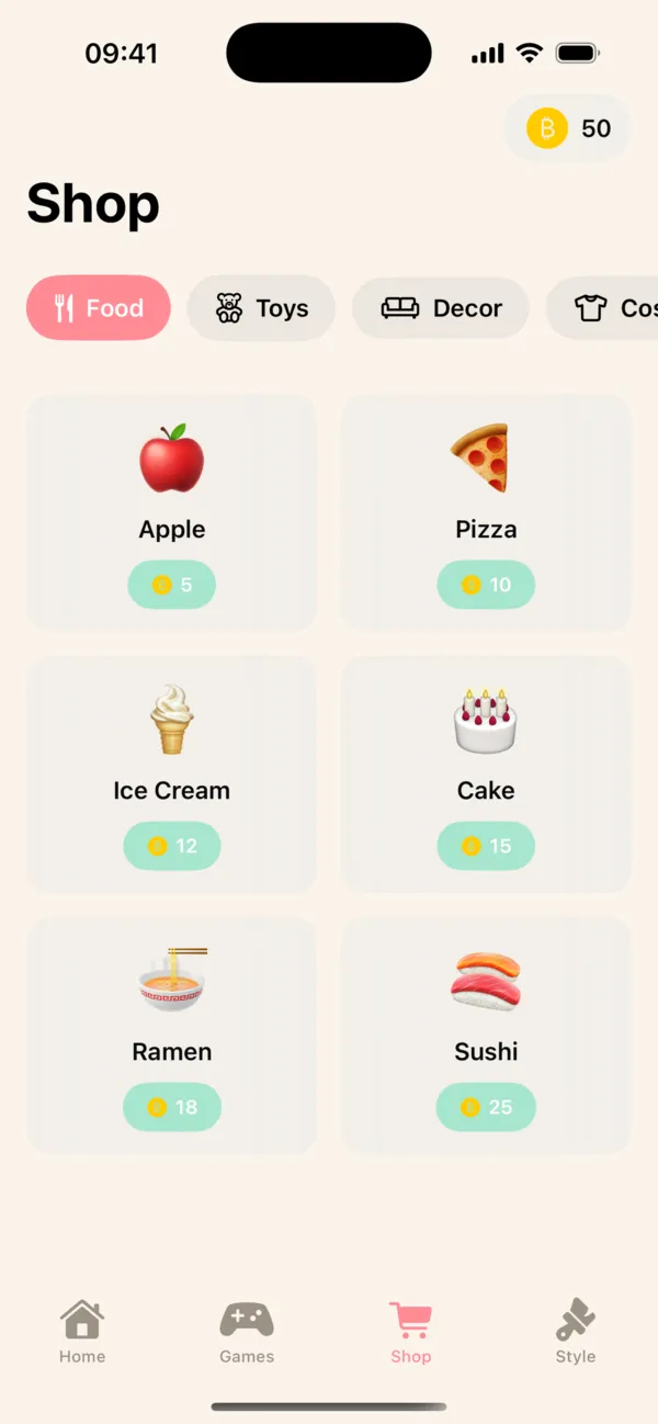 Shop screen, Food shelf: Apple, Pizza, Ice Cream, Cake, Ramen and Sushi with coin prices.